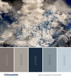 the mountain is covered with clouds and blue hues in this color pallet palette