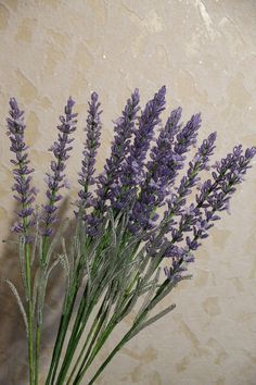 some purple flowers are in a vase on a table with a marble wall behind it