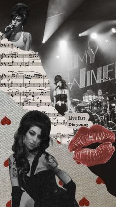 the collage has pictures of women with red lipstick and music notes on them, including one woman's lips