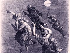 an old drawing of people falling from the sky, with one person holding onto another man's head