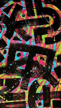 an abstract painting with letters and numbers painted in black, pink, blue, yellow and green