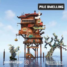 an animated image of a floating house in the middle of water with people standing around it