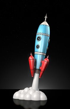 a blue and red rocket ship sitting on top of some white balls in the air