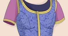 an illustration of a blue and purple dress with yellow trims on the shoulders, front and back