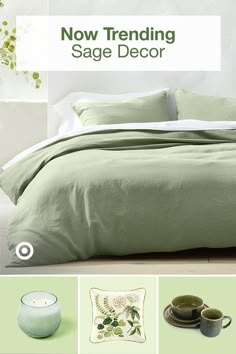 there is a bed with green linens and pillows on the bottom right hand corner