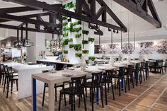 an empty restaurant with tables and chairs covered in green plant life hanging from the ceiling