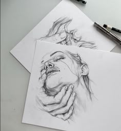 two drawings of hands holding a woman's face