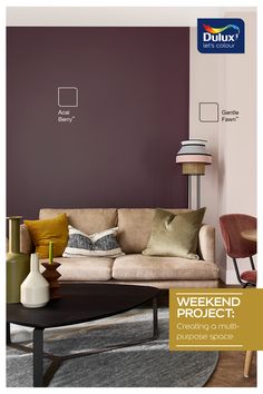 Multi purpose room living room Living Room Paint Color Ideas Dulux Colour Schemes, Purple Wall Colour Combination, Loving Room Colors, Dulux Purple Paint, Dulux Brave Ground Living Room, Dulux Indigo Shade Living Room, Wall Color Schemes, Cosy Sofa