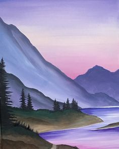 a painting of mountains and water with trees