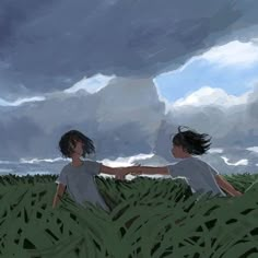 two people in a field reaching for each other's hand under a cloudy sky