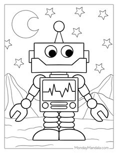 a cartoon robot with stars and moon in the sky, outlined on a black and white background