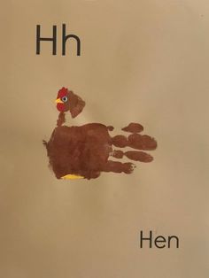 a hand print with the letter hh and a chicken on it's side