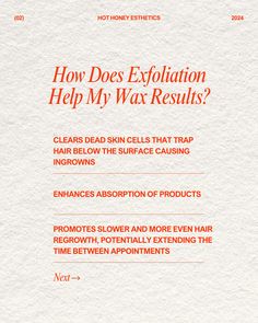 I know, I know…I’m telling you to exfoliate again But really, it’s such an important step in not just maintaining your wax results, but your overall skin health Need some exfoliation products to make those wax results last? Ask me about the Agent 88 Ingrown Spray or the 50 Grit Body Exfoliating Towel at your next appointment ✌🏻 Hot Honey Esthetics 20% off your first service 📍Mableton, GA Phenix Salon Suites 5015 Floyd Rd. #mableton #waxing #mabletonwaxing #brazilianwax #mabletonbody... Wax Suite Ideas, Body Wax Aesthetic, Brazilian Wax Quotes, Teaching Esthetics, Waxing Aesthetic, Wax Aesthetic, Wax Content, Esthetician Content, Spa Things