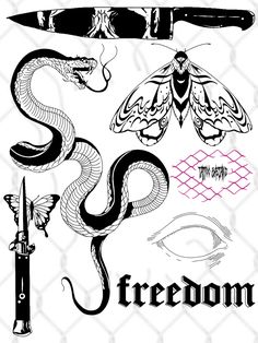 some type of snake and dagger with the word freedom written below it in black on a white background