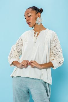 San Juan Blouse - Final Sale – Carolina K Crochet Blouse, Cotton Blouse, Women Artisans, Long Blouse, Cotton Blouses, Hand Crochet, Sleeve Cotton, Dress Collection, Chic Outfits