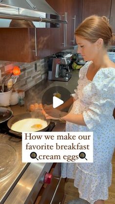 a woman is cooking in the kitchen with an egg frying pan on the stove