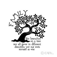 a tree with the words family like branches, we all grow in different directions yet our roots remain as one