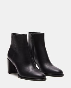 JOZIE Black Leather Block Heel Bootie | Women's Booties – Steve Madden Leather High Heel Ankle Boots, Black Heel Ankle Boots, Ankle Booties Outfit, Black Boot Heels, Black Boots Outfit, Boots Outfit Ankle, Women's Booties, Booties Outfit, Short Black Boots