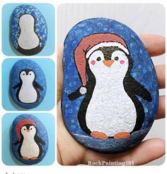 hand painted rocks with penguins on them and one penguin wearing a santa hat, the other in different colors