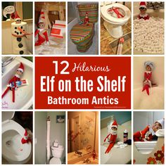 elf on the shelf bathroom antics collage with images of elfs and toiletries