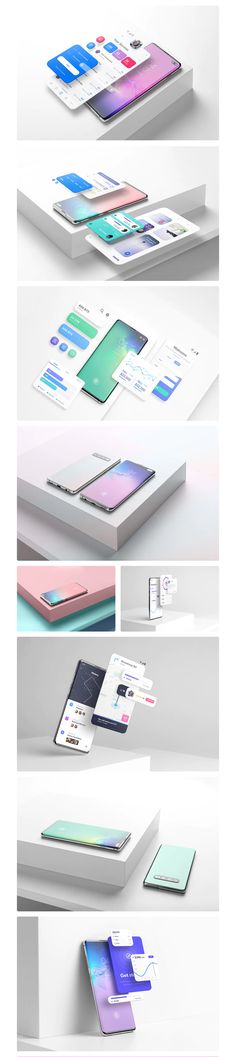 multiple images of different types of electronic devices and their packaging designs are shown in this image