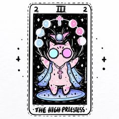 a tarot card with an image of a cat in the middle and stars around it