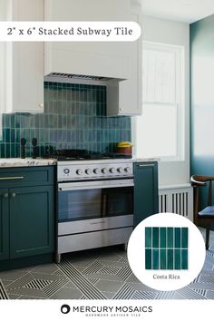 a kitchen with blue and white tiles on the wall, green cabinets and an oven