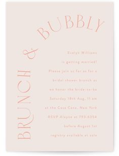 a pink wedding card with the words brunch and bubbly on it