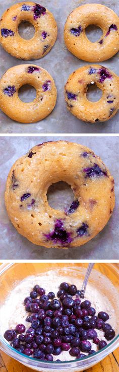 blueberry donuts are ready to be baked in the oven, and then topped with icing