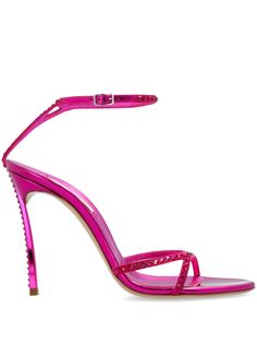 hot pink goatskin buckle-fastening ankle strap rhinestone embellishment thin straps open toe branded footbed high stiletto heel Pink Sparkly Heels, Sparkly Heels, Pink Heels, Stiletto Heel, Stiletto Heels, Open Toe, Ankle Strap, Hot Pink, Shoes Sandals