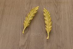 two gold colored leaves on a wooden surface