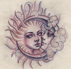 a drawing of two faces in the shape of a sun and moon