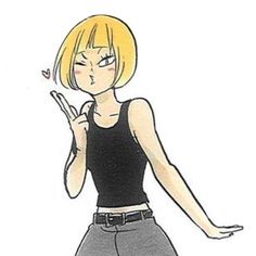 a drawing of a girl with blonde hair and black shirt holding her hands out to the side