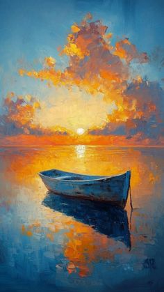 a painting of a boat in the water at sunset