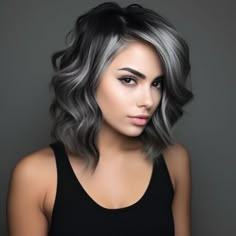 Grey Hair Around The Face, Black And Smokey Grey Hair, Hair Looks For Prom Medium Hair, Smokey Silver Gray Hair, Grey In Front Dark In Back Hair, Styles For Grey Hair Over 50, Shades Of Grey Hair Color Highlights, Gray Color Hair Ideas, Dark Hair Transition To Grey