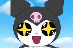 a cartoon character with black hair and yellow eyes holding a pink object in front of a blue sky