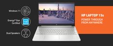 the hp laptop 15s is powered through from anywhere, and features an orange background