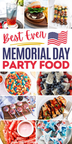 Collage of Memorial Day food ideas, including appetizers, desserts, main dishes, and sides. Memorial Day Sides, Memorial Day Appetizers, Memorial Day Side Dishes, Memorial Day Food, Patriotic Appetizers, Party Food Menu, Easy Bbq Recipes, Summer Pasta Salad Recipes