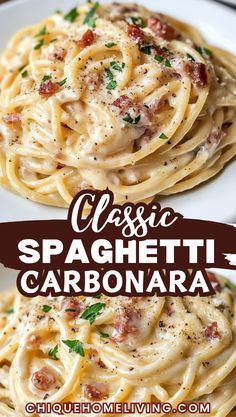 two white plates filled with pasta and sauce on top of each other, the title says classic spaghetti carbonara