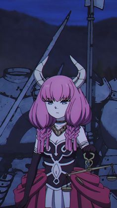 an anime character with pink hair and horns