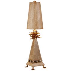 a lamp that is sitting on top of a wooden stand with a light shade over it