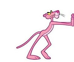 a pink cartoon cat is holding something in one hand and pointing it at the other