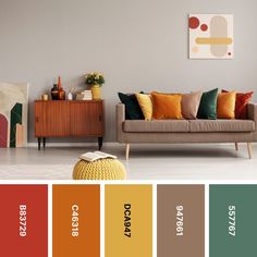 a living room filled with furniture and color swatches in shades of orange, green, yellow