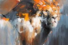 an abstract painting of a lion's face with orange and black colors on it