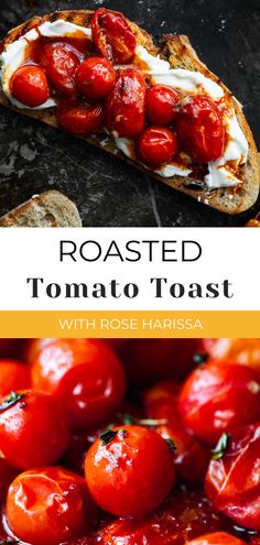 Upgrade your morning sourdough toast with this simple yet flavourful roasted tomato toast idea! Plump and juicy roasted tomatoes are the star of this dish, spooned over your choice of strained yoghurt, whipped feta cheese, squashed avocado, or hummus. The roasted tomatoes are also delicious with scrambled eggs on toast! These spicy roasted tomatoes will add a delicious twist to your salads and sandwiches. Roasted Tomato Toast, Roasted Tomatoes Breakfast, Grated Tomato Toast, Tomato On Toast Breakfast, Heirloom Tomato Toast, Rose Harissa, Gourmet Sandwiches