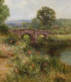 a painting of a bridge over a river with flowers in the foreground and trees on either side