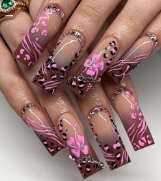 𝐋𝐄𝐒 𝐋𝐎𝐕𝐄𝐒 𝐅𝐔𝐍 𝐍𝐀𝐈𝐋𝐒! ✎ ♡ (@rottednails) • Instagram photos and videos Brown And Pink Nails Design, Fun Nails Designs, 200s Nails, Leapord Print Acrylic Nails Long, 3xl Nails, Purple Cheetah Print Nails, Acrylics Ideas, Pink Zebra Nails Y2k, Cheetah Print Nails Y2k