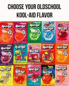 an advertisement for kool aid candy with the caption choose your oldschool kool - aid flavor