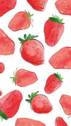 strawberries on a white background with green leaves and red berries in the middle, all drawn by hand