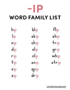 the word family list is shown in black and white with red letters, including one for each